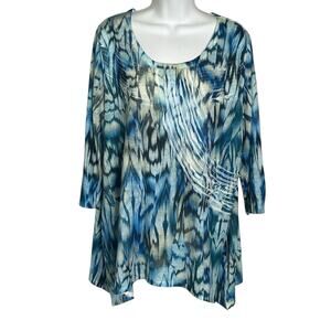 Chico's Pullover Tunic Top Sz 3 / XL Asymmetrical Hem 3/4 Sleeves Blue Artsy